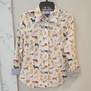 Talbots Dog Print Button Down Shirt - Cream, Size Medium